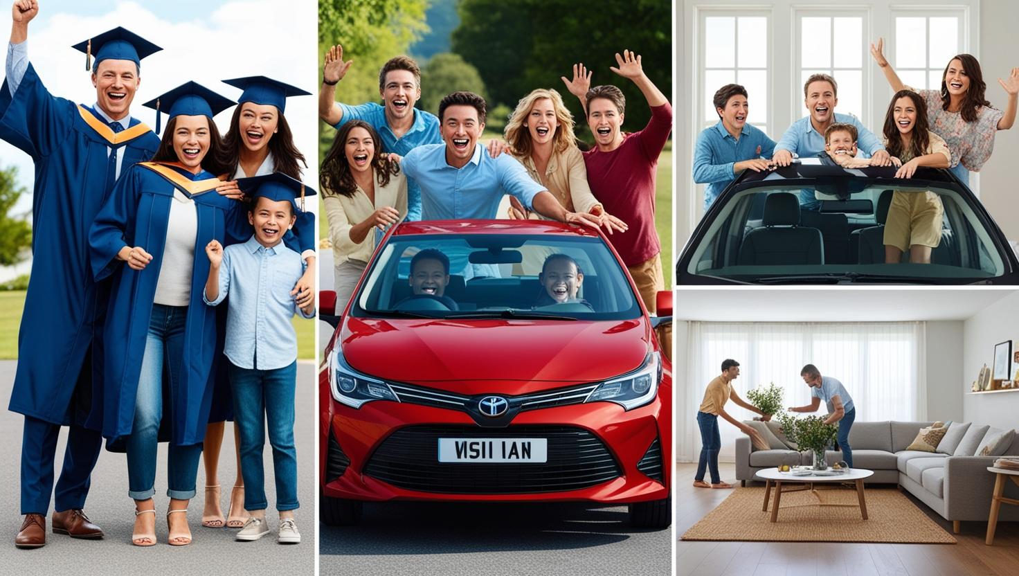 en base en la ultima imagen enfoca familia con graduado, familia que esta emocionada con su automovil nuevo y familia acomodando su nuevo juego de sala